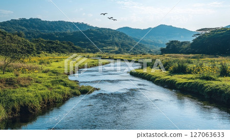 Winding River Through Lush Green Valley with Birds Flying Overhead 127063633
