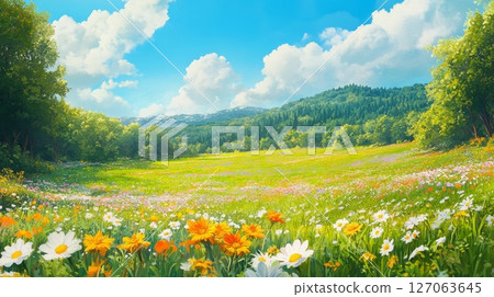 A Vibrant Wildflower Meadow with Mountain Views A Vibrant Wildflower Meadow with Mountain Views 127063645