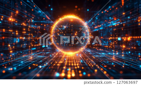 Glowing Sphere in a Digital Grid Network Glowing Sphere in a Digital Grid Network 127063697