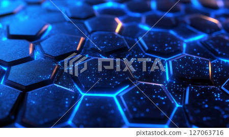 Abstract Hexagonal Pattern with Glowing Blue Lines and Speckled Texture 127063716
