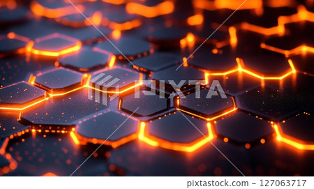 Abstract 3D Hexagon Pattern with Glowing Orange Lines 127063717