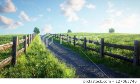 A winding path through a grassy field with a wooden fence A winding path through a grassy field with a wooden fence 127063746