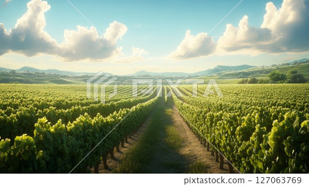 Vineyard Rows in a Rolling Green Landscape Under a Cloudy Sky 127063769