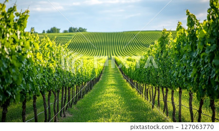 Rows of Grapevines in a Vineyard with a Green Grass Path 127063770
