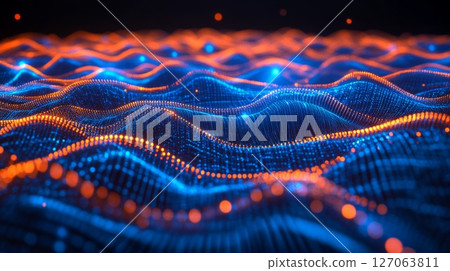 Abstract Digital Landscape with Blue and Orange Waves 127063811