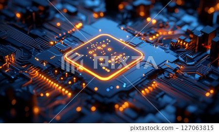 Close-up of a glowing processor on a circuit board Close-up of a glowing processor on a circuit board 127063815