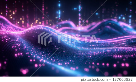 Abstract Wavy Surface with Glowing Pink and Blue Particles Abstract Wavy Surface with Glowing Pink and Blue Particles 127063822