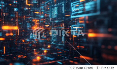 Abstract Digital Network with Orange and Blue Lights Abstract Digital Network with Orange and Blue Lights 127063836