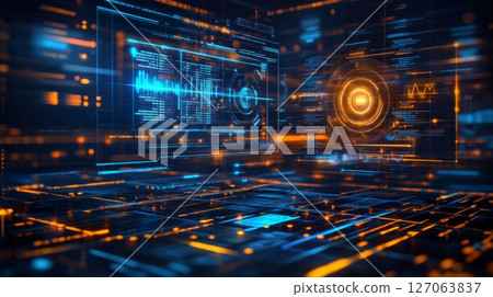 Futuristic Digital Interface with Blue and Orange Glowing Lights Futuristic Digital Interface with Blue and Orange Glowing Lights 127063837