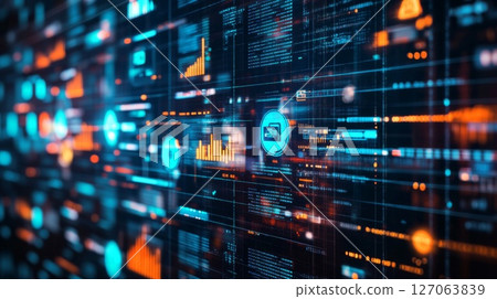 Abstract Digital Interface with Blue and Orange Data Visualizations Abstract Digital Interface with Blue and Orange Data Visualizations 127063839