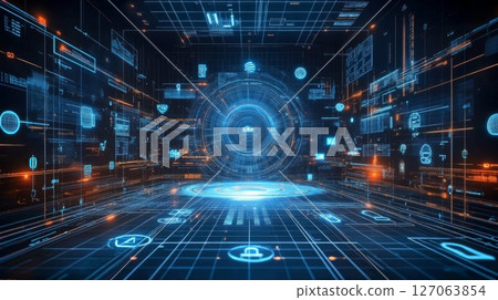 Futuristic Digital Space with Blue and Orange Geometric Patterns and Icons Futuristic Digital Space with Blue and Orange Geometric Patterns and Icons 127063854