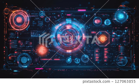 Futuristic digital interface with glowing circles, lines, and data displays 127063855