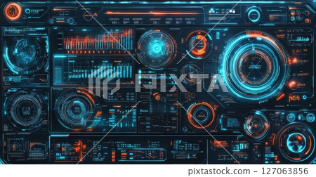 Futuristic Interface with Glowing Blue and Orange HUD Elements Futuristic Interface with Glowing Blue and Orange HUD Elements 127063856