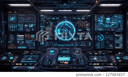 Futuristic Control Room with Illuminated Interface Panels 127063857