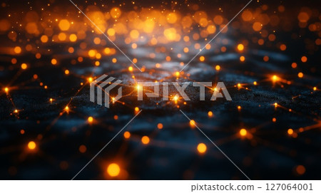 Abstract Network of Glowing Orange Lines and Dots on a Dark Blue Surface Abstract Network of Glowing Orange Lines and Dots on a Dark Blue Surface 127064001
