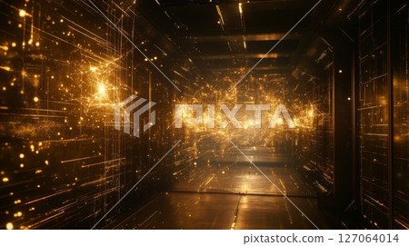 Futuristic Corridor with Glowing Digital Network 127064014