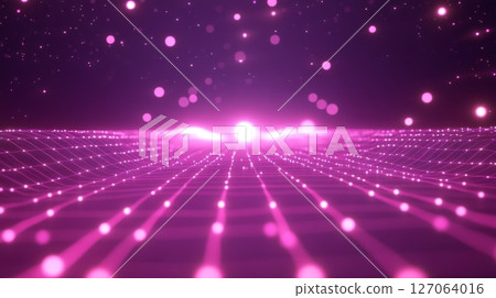 Abstract Digital Landscape with Glowing Lines and Bokeh Lights Abstract Digital Landscape with Glowing Lines and Bokeh Lights 127064016