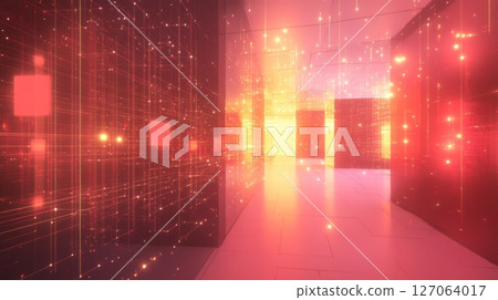 Futuristic Corridor with Red and Yellow Lighting and Grid Pattern 127064017