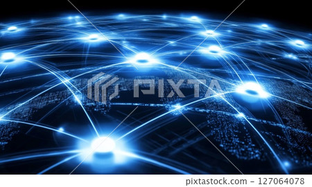 Global Network of Interconnected Bright Lights on a Digital World Map 127064078