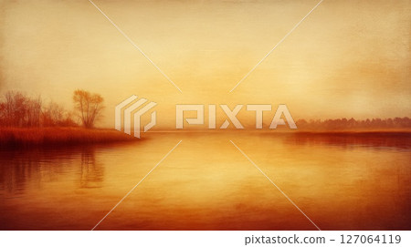 Golden Hour Lake with Silhouetted Trees and Misty Fog Golden Hour Lake with Silhouetted Trees and Misty Fog 127064119