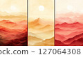 Watercolor Mountain Range with Sun and Fog at Sunset 127064308