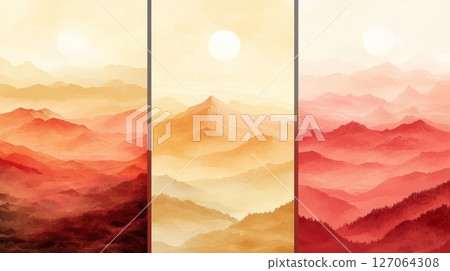 Watercolor Mountain Range with Sun and Fog at Sunset Watercolor Mountain Range with Sun and Fog at Sunset 127064308