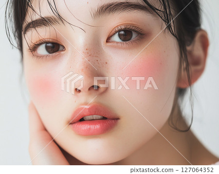Beautiful skin close-up and natural makeup portrait of a Japanese woman with attractive freckles 127064352