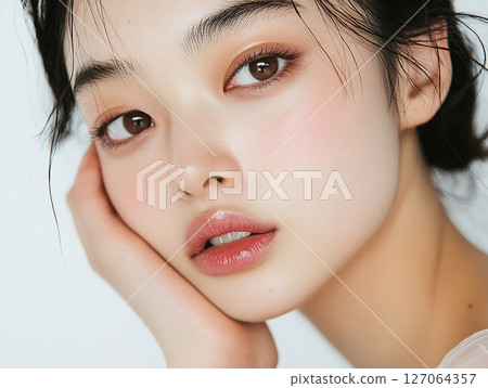 Beautiful profile close-up portrait of a Japanese woman with glowing skin 127064357