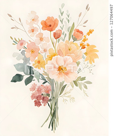 Illustration of a pastel watercolor bouquet featuring roses, poppies and wildflowers 127064497