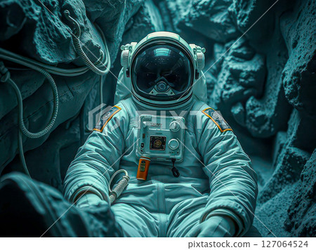Close-up of an astronaut in a spacesuit. An astronaut sits on a rocky surface in a white suit. 127064524