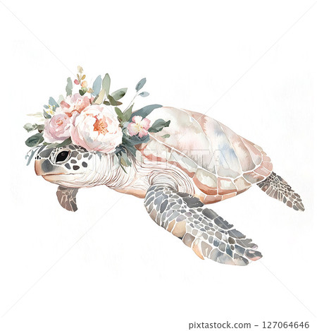Delicate watercolor illustration of a sea turtle adorned with a floral wreath of roses and leaves. 127064646