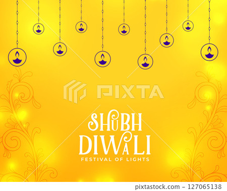 shubh deepavali shiny yellow background with hanging diya design shubh deepavali shiny yellow background with hanging diya design 127065138