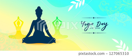 beautiful 21st june yoga day banner with meditation posture silhouette beautiful 21st june yoga day banner with meditation posture silhouette 127065310