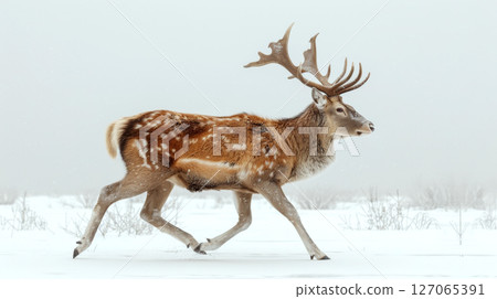 A majestic deer with large antlers walks gracefully on snow-covered ground. Concept of wildlife, nature, winter beauty. A majestic deer with large antlers walks gracefully on snow-covered ground. Concept of wildlife, nature, winter beauty. 127065391