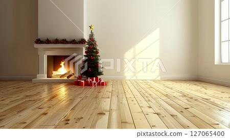 Christmas tree with red gifts stands beside a lit fireplace in a bright room. Concept of holiday warmth and festivity. 127065400