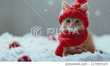 Young cat in red hat and scarf sits in snowy field with red ornaments. Concept of festive winter cuteness. Young cat in red hat and scarf sits in snowy field with red ornaments. Concept of festive winter cuteness. 127065524