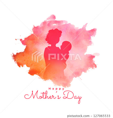 watercolor style mothers day greeting background with mom and child silhouette 127065533