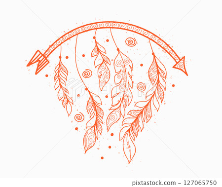 line style boho arrow and feather background for decorative wall art 127065750