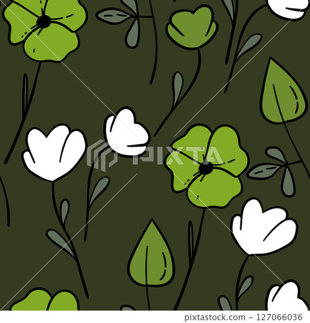 Seamless floral pattern based on traditional folk art ornaments. Colorful flowers on color background. Scandinavian style. Sweden nordic style. Vector illustration. Simple minimalistic pattern 127066036