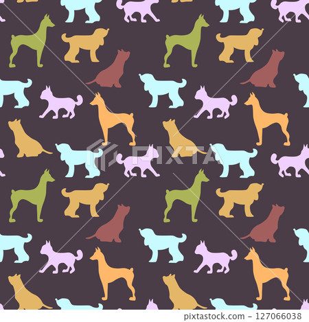 Vector seamless repeating childish pattern with cute dogs, cats in Scandinavian style. Animals background with dog, cat, pets, puppy for invitation, poster, card, flyer, textile, fabric 127066038