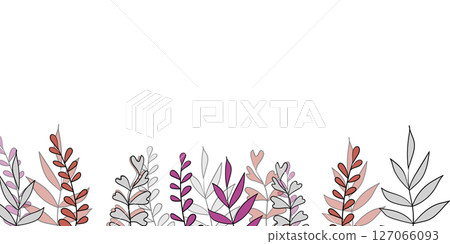 Floral frame with colorful exotic branches on white background. Ornate border with tropic leaves. Vector stock illustration for wallpaper, posters, card. Doodle style. Copy space Floral frame with colorful exotic branches on white background. Ornate border with tropic leaves. Vector stock illustration for wallpaper, posters, card. Doodle style. Copy space 127066093