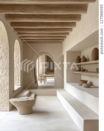 Modern interior design showcasing a minimalist space with natural materials 127066095