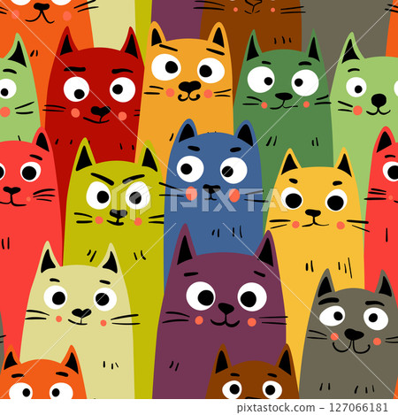 Seamless pattern with cute kitten print. Different scandy cats on color background. Scandinavian style illustration for kids. Vector illustration for fabric, textile, wallpaper, home clothing, pajama 127066181