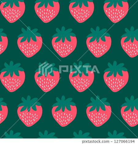Seamless pattern with strawberry on color background. Natural delicious fresh ripe tasty fruit. Vector illustration for print, fabric, textile, banner, other design. Food concept. 127066194