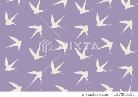 Seamless pattern with swallow silhouette on color background. Cute bird in flight. Vector illustration. Doodle style. Design for invitation, poster, card, fabric, textile 127066195