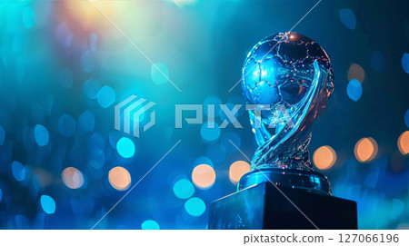 World Cup trophy shining under colorful lights, symbolizing victory World Cup trophy shining under colorful lights, symbolizing victory 127066196