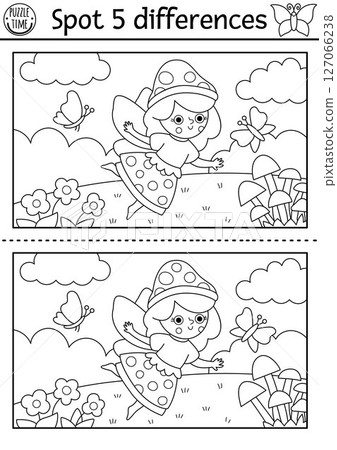 Black and white find differences game. Fairyland educational activity with landscape with mushroom fairy on meadow. Magic forest puzzle for kids. Fairytale printable worksheet, coloring page Black and white find differences game. Fairyland educational activity with landscape with mushroom fairy on meadow. Magic forest puzzle for kids. Fairytale printable worksheet, coloring page 127066238