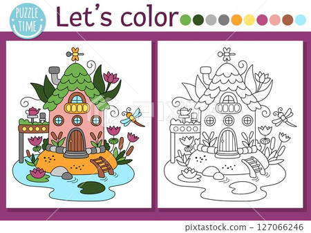 Fairyland coloring page with cute swamp fairy house. Vector magic forest outline illustration. Color book for kids with colored example. Fairytale fantasy drawing skills printable worksheet 127066246