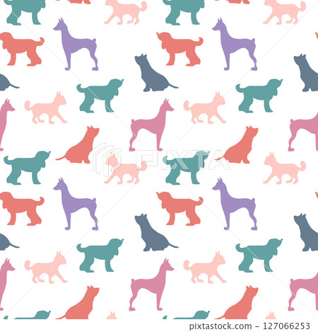 Vector seamless repeating childish pattern with cute dogs, cats in Scandinavian style. Animals background with dog, cat, pets, puppy for invitation, poster, card, flyer, textile, fabric Vector seamless repeating childish pattern with cute dogs, cats in Scandinavian style. Animals background with dog, cat, pets, puppy for invitation, poster, card, flyer, textile, fabric 127066253