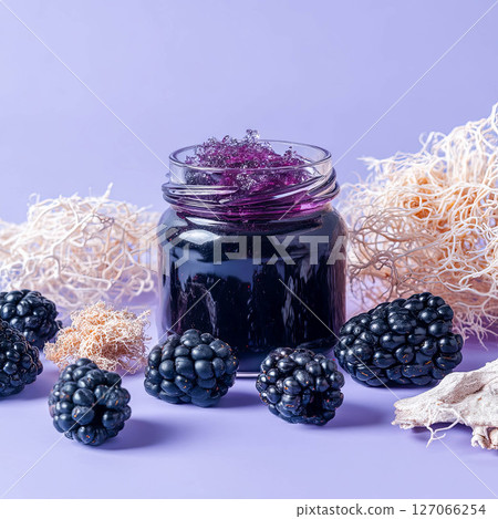 Sea Moss Gel in Glass Jar Surrounded by Fresh Blackberries and Natural Seaweed Elements 127066254